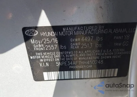 2017 Hyundai Sonata Sport из США, поврежденный, VIN 5NPE34AF7HH450248